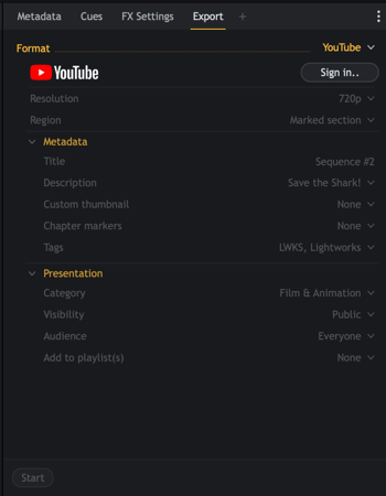 Export → YouTube: формат, кнопка Sign In, выбор Region (Marked section / Whole sequence)